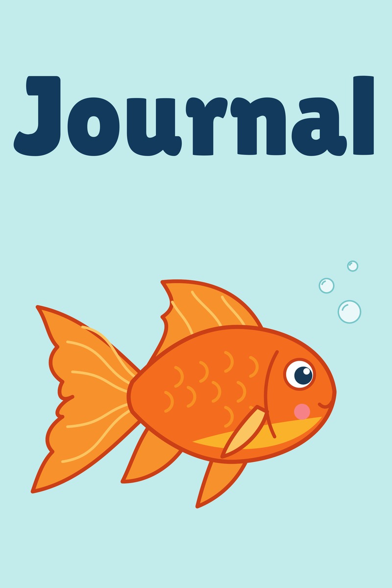Journal cover: a hand-drawn orange goldfish on a light aqua background with bubbles