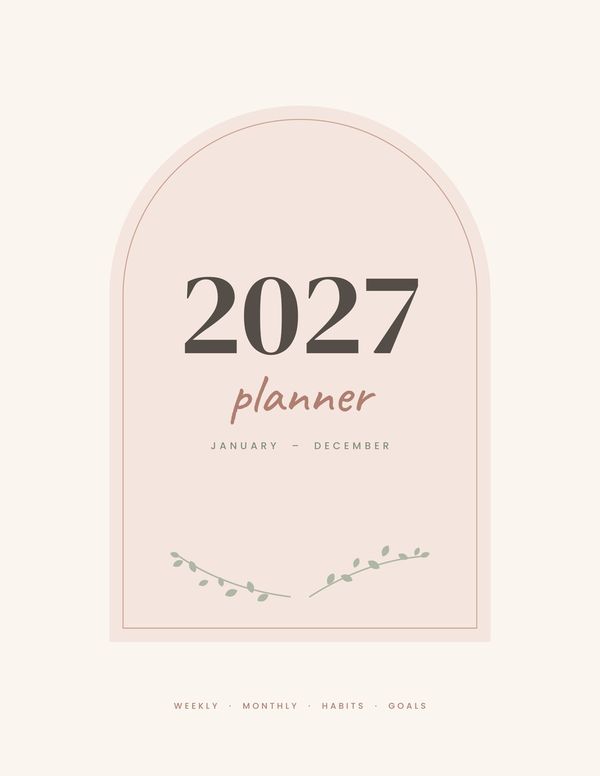 2027 Planner cover: soft blush arch design reading "2027 planner, January - December"