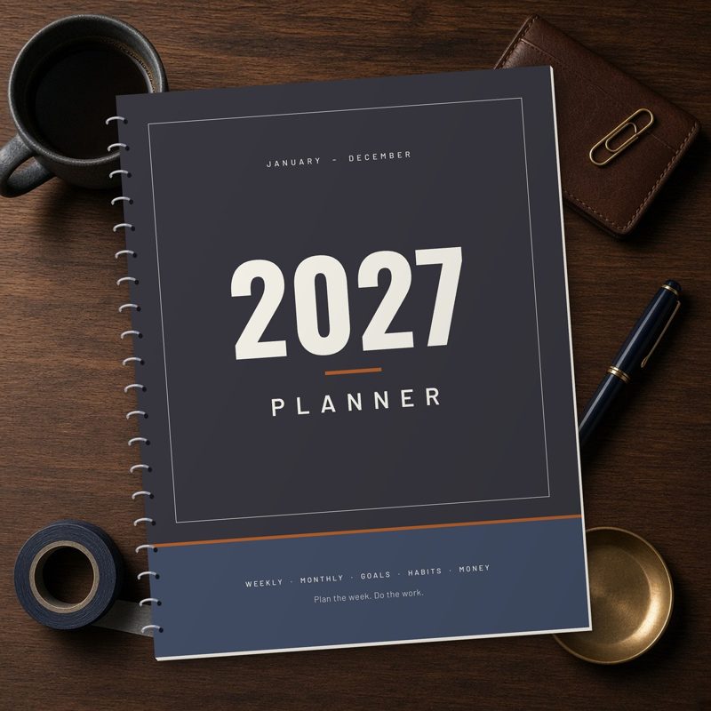 2027 printable planner for men in charcoal, shown as printed pages