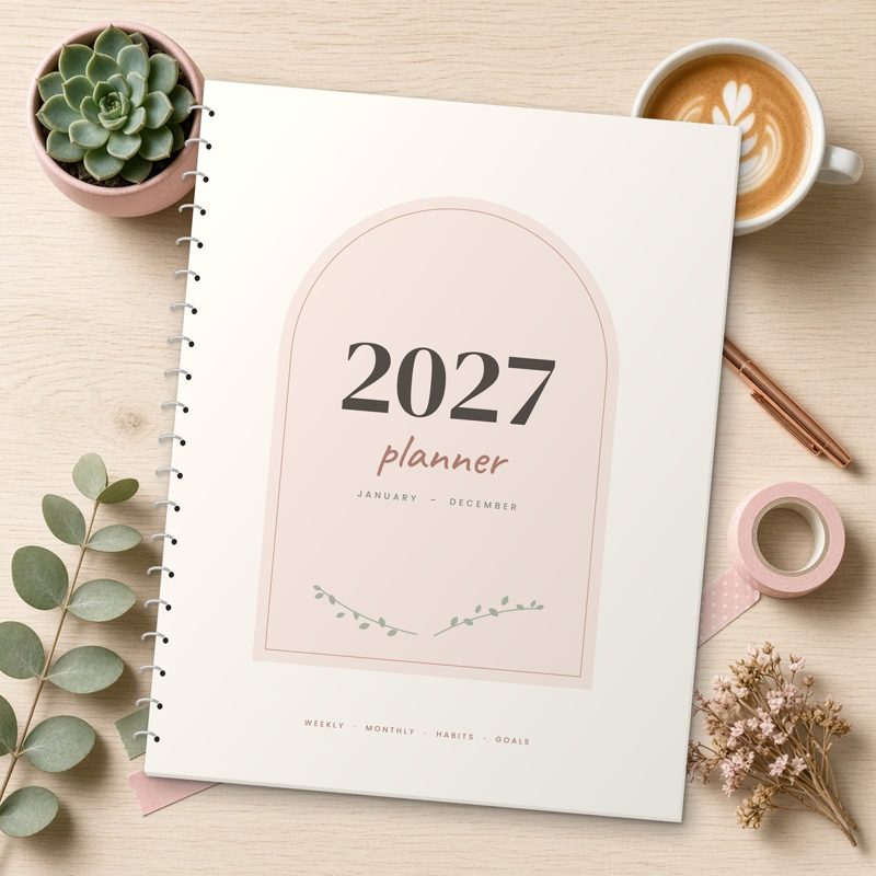 2027 printable planner in blush, shown as printed pages